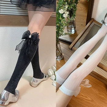 Q1FA/ Женские блестящие чулки в полоску, милые носки выше колена принцессы с бантом, длинные носки выше колена